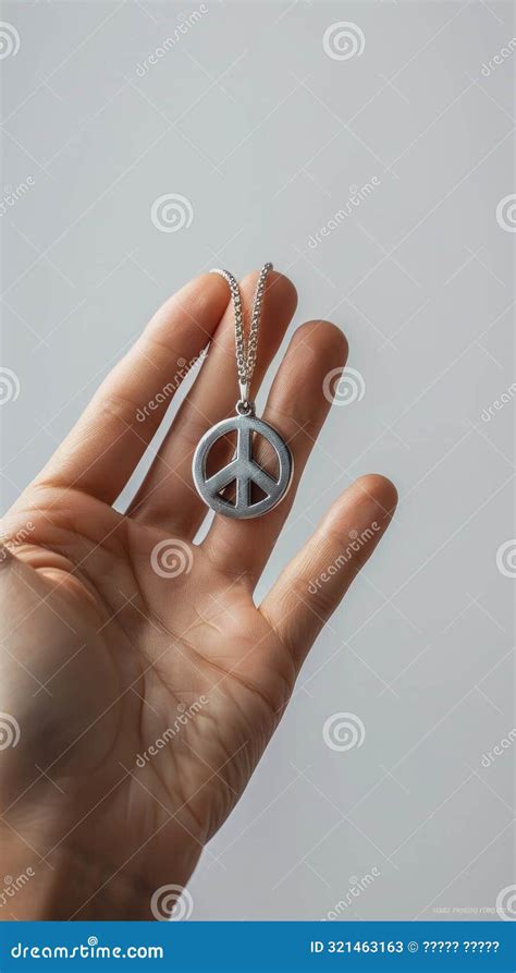 Minimalistic Close Up Hand Holding Peace Sign Pendant On Bright White