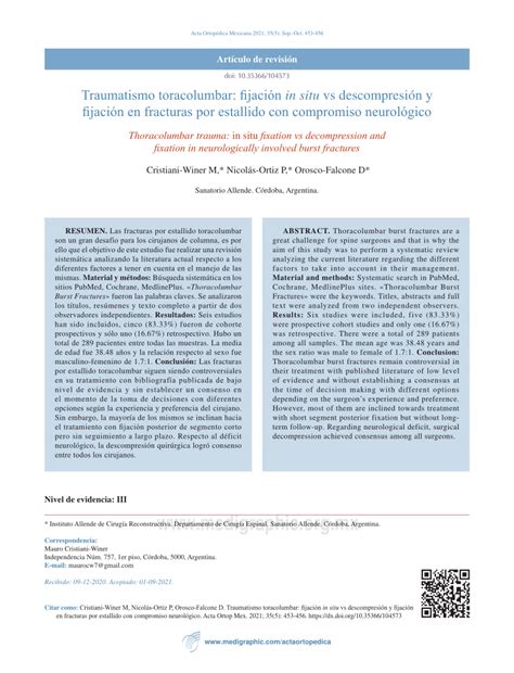 Pdf Traumatismo Toracolumbar Fijaci N In Situ Vs Descompresi N Y