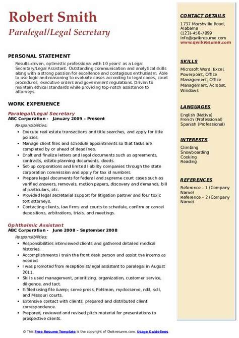 Legal Secretary Resume Example