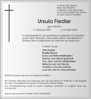 Traueranzeigen Von Ursula Fiedler Sich Erinnern De