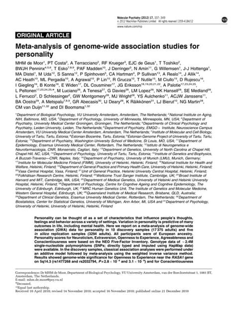 Meta Analysis Of Genome Wide Association Studies For Personality Pdf