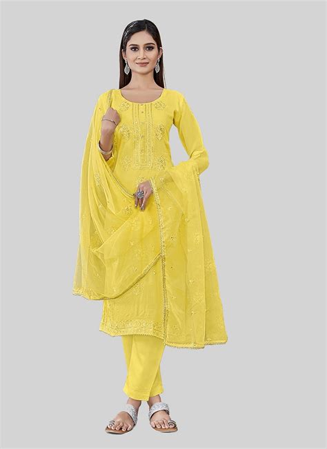 Shop Chanderi Silk Embroidered Yellow Straight Pant Suit After Six Wear