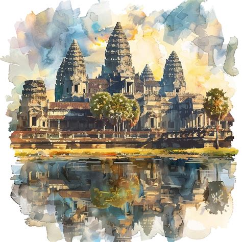 Angkor Wat Lanscape Vector Illustration In Watercolor Style Premium