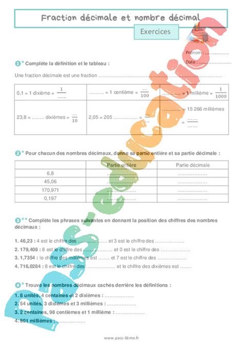 Exercice Fractions décimales 6ème