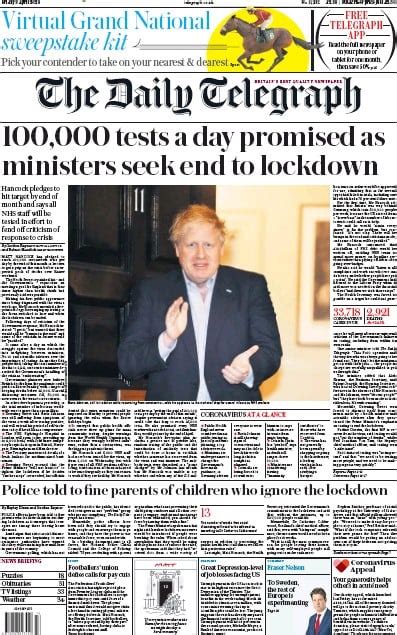 The Daily Telegraph Uk Front Page For 3 April 2020 Paperboy Online