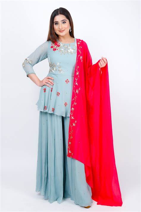 Buy Sky Blue Georgette Embroidered Cut Dana Round Hand Kurta Set For