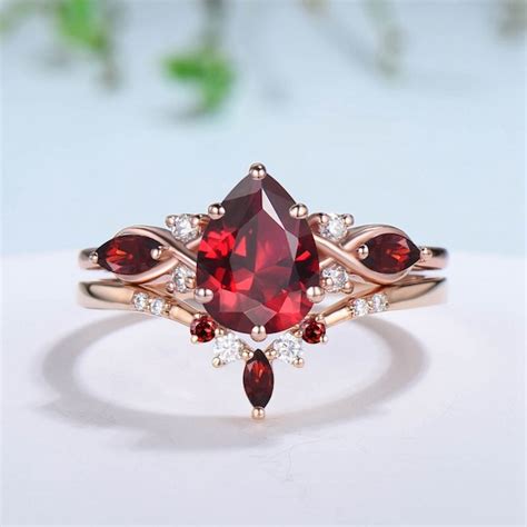 Garnet Engagement Ring Set Etsy