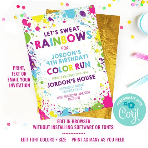 Color Run Party Theme Invitation Colour Run Invitation Etsy