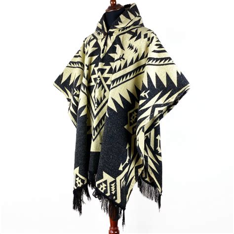 Alpaca Wool Mens Unisex Hooded Poncho Aztec All Seasons Boho Hippie