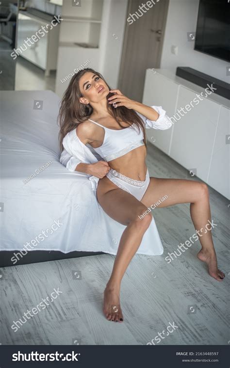 Attractive Sexy Brunette White Lingerie Posing Stock Photo 2163448597 Shutterstock