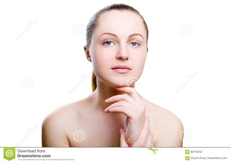Portrait Of A Girl With Nude Make Up With Hands On Chin Stock Photo Image Of Eyelashes