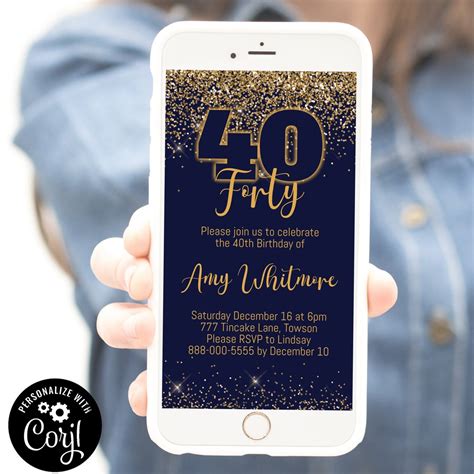 Digital 40th Birthday Text Invitation Navy And Gold 40th Etsy