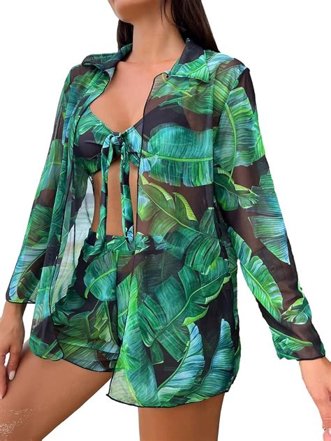 Amazon Verdusa Women S 4 Pieces Tropical Print Knot Front Bikini