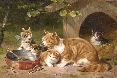 Mother Cat with Four Kittens Painting | Julius Anton Adam Oil Paintings