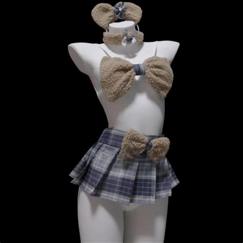 Plush Bow Plaid Bikini Lingerie Set Inheadset
