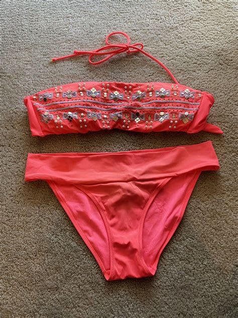 Victorias Secret Orange Beaded Bikini Top And Bottom Gem