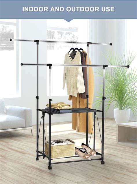 New Adjustable Clothes Rack 2 Hanging Rods Hanger Stand Metal Rail With ...