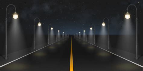 Night Road With Street Lamps Perspective View Vector Art At