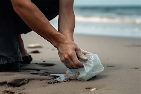 La Mano De Un Hombre Quita Basura De La Playa Ia Generativa Foto Premium