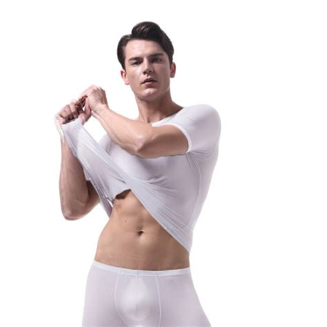 Mens Short Sleeved T Shirt Sexy Super Thin Ice Silk Translucent Top Men Tights Undershirt Home