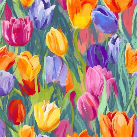 Premium Photo | A painting of tulips in purple, blue, and yellow.