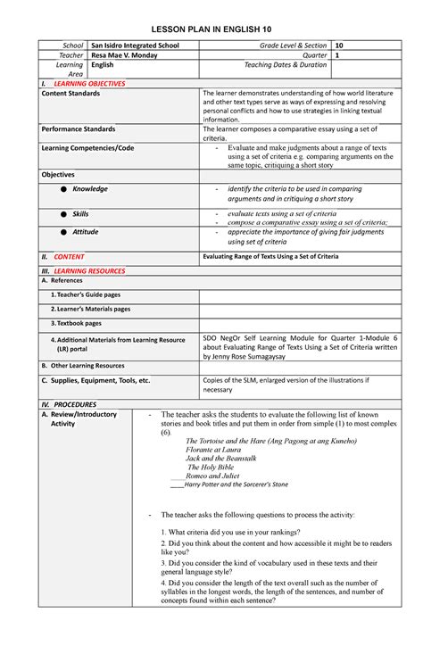 DLP ENG10 Q1 MELC 6 WEEK 6 LESSON PLAN IN ENGLISH 10 School San