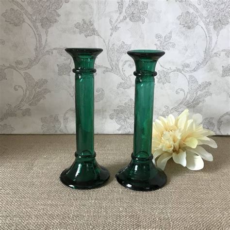 Pair Of Emerald Green Glass Candlestick Holders Green Glass Candle Holders Vintage Gree