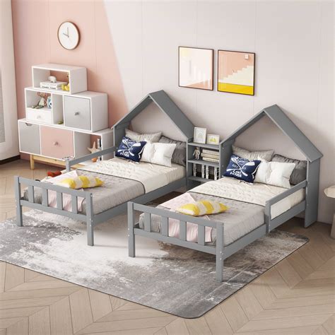 Bellemave Double Twin Bed Frame, Kids Platform with Built-in Nightstand, House-Shaped Headboard ...