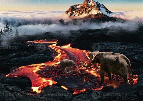 Collage Nature Volcanic Eruption Herd Of Elephants Elephants Are