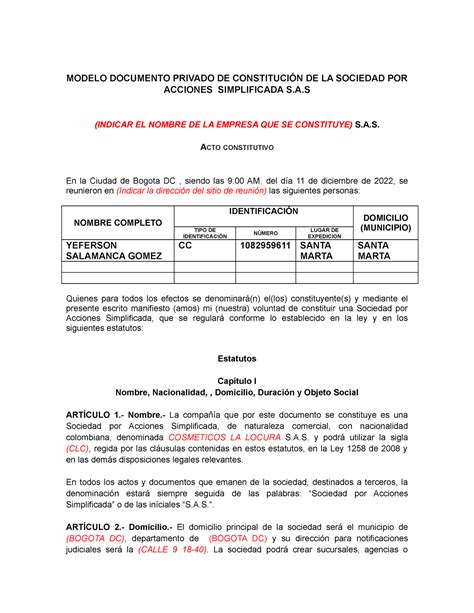 Constitucion sociedad sas MODELO DOCUMENTO PRIVADO DE CONSTITUCIÓN DE