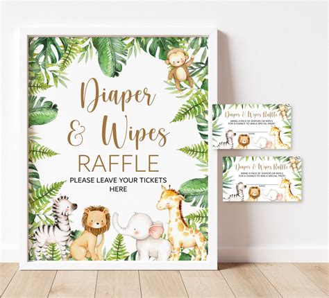 Diaper And Wipes Raffle Tickets And Sign Jungle Baby Shower Game Jungle