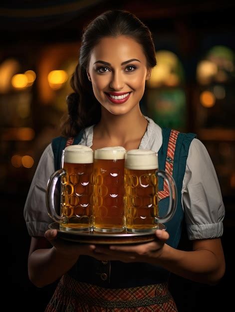 Oktoberfest Waitress Holding Two Large Glasses Of Beer Wearing A