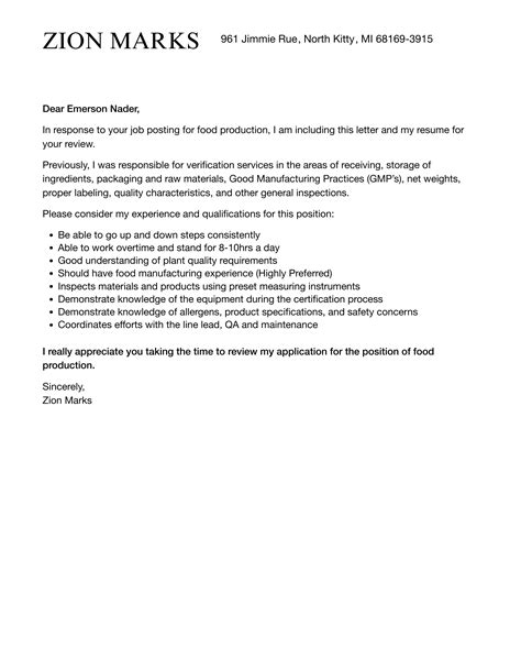 Food Production Cover Letter Velvet Jobs