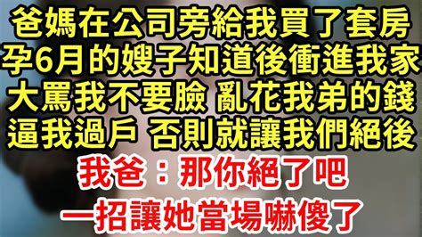 爸媽在公司旁給我買了套房，孕6月的嫂子知道後衝進我家，大罵我不要臉 亂花我弟的錢，逼我過戶 否則就讓我們絕後！我爸：那你絕了吧！一招讓她當場嚇傻了 王姐故事說 為人處世 養老 中年 情感故事