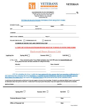 Fillable Online Shsu VETERANS HAZLEWOOD INFORMATION REQUEST FORM Shsu