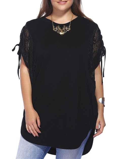 41 Off 2020 Plus Size Lace Trim Curved Hem Blouse In Black Dresslily