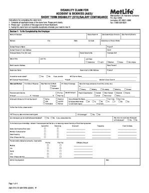 Fillable Online Metlife Disability Claim For Accident Sickness Form