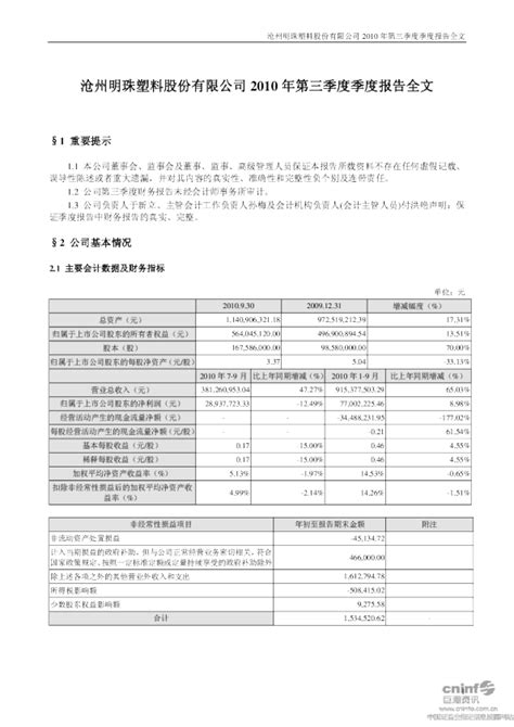 沧州明珠：2010年第三季度报告全文