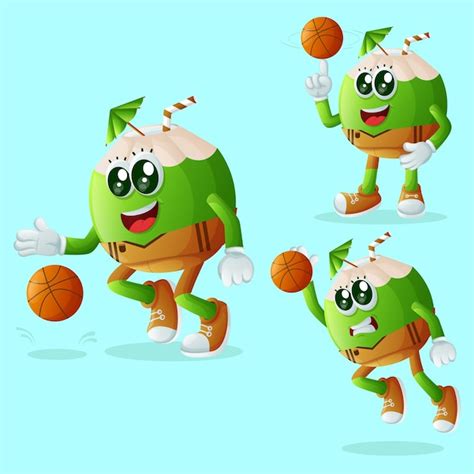 Personnages Mignons De Noix De Coco Jouant Au Basket Vecteur Premium