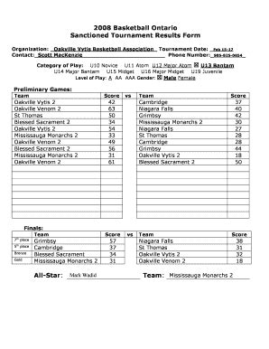 Fillable Online Basketball Ontario Sanctioned Tournament Results