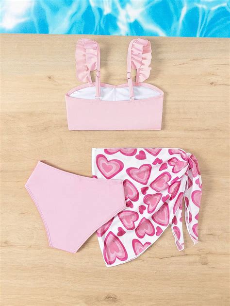 Shein Ensemble De Bikini Volants Pour Jeune Fille Avec Jupe Imprim E