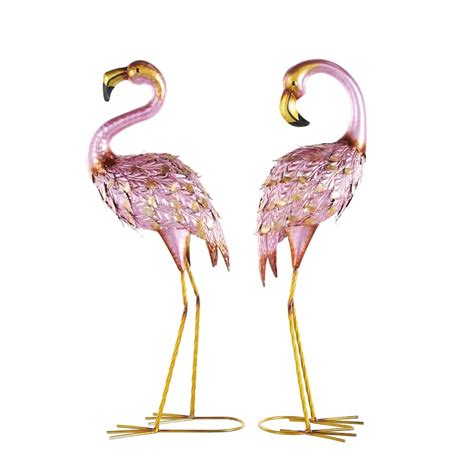 Pink Metal Flamingo Decorative Garden Sculpture With Dimensional Feathers And Gold Accents Set