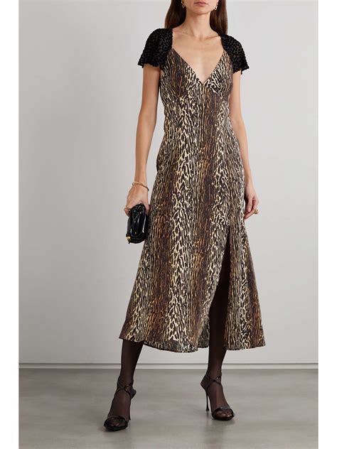 Rixo Angelina Open Back Chiffon Trimmed Leopard Print Silk Crepe Midi