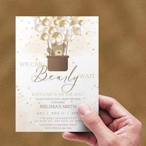Editable We Can Bearly Wait Baby Shower Invitation Teddy Bear And Hot Air Balloon Brown And Gold