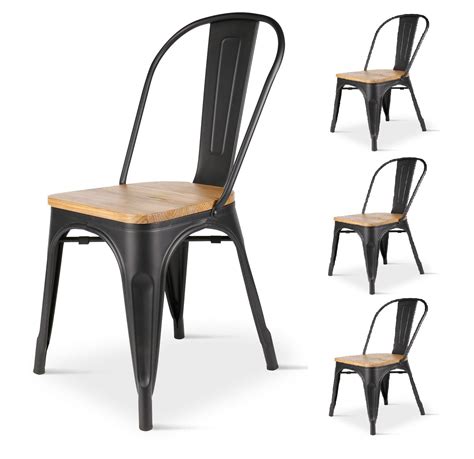 KOSMI Lot de 4 chaises en métal noir mat avec assise en bois clair