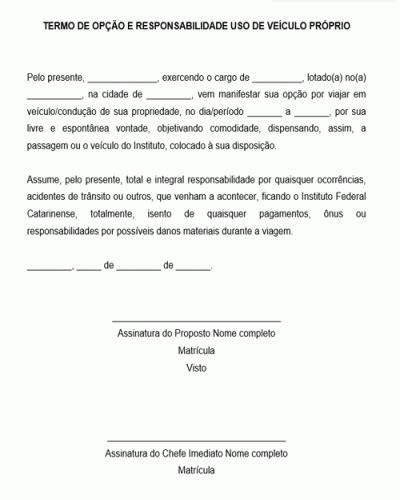 Referência para um Termo de opção e responsabilidade de uso de veículo