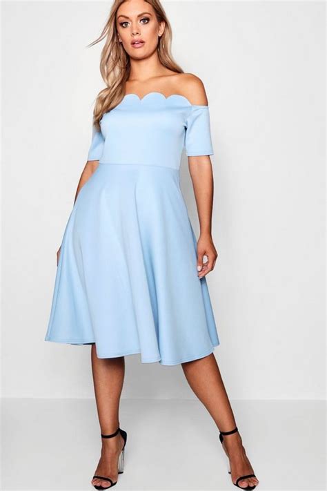 Plus Scallop Off Shoulder Midi Skater Dress Boohoo