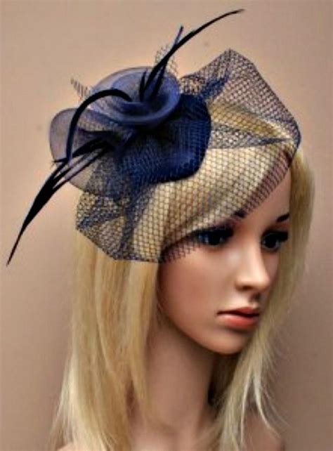 Navy Blue Hat Fascinator Flower Feather Fascinator Head Piece Mother Of The Bride