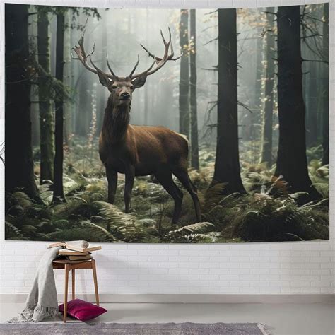 Nawypu Deer Forest Tapestry Wall Hanging Wildlife Deer In The Misty