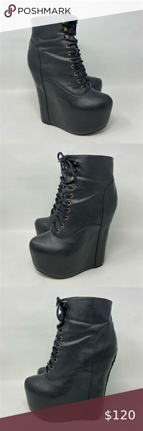 Jeffrey Campbell Black Vegan Leather High Wedge Damsel Platform Heels